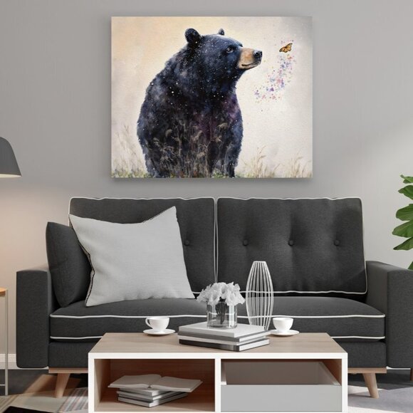 20x30 Black Bear with Butterfly Watercolor Oil Painting Large Poster - Picture 2 of 4